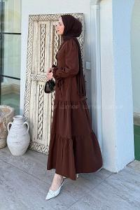 Lamelif Kol Bağlama Detaylı Tesettür Elbise Acı Kahve