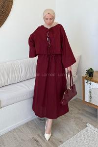 Lamelif Önü Bağlamalı Keten Takım Bordo