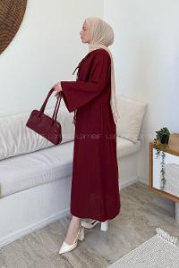 Lamelif Önü Bağlamalı Keten Takım Bordo