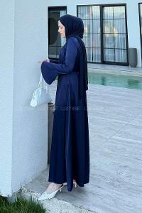 Lamelif Pileli Gül Detaylı Tesettür Elbise Lacivert