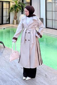 Lamelif Şerit Detay Kuşaklı Trenç Kahve