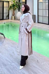 Lamelif Şerit Detay Kuşaklı Trenç Kahve