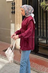 Lamelif Bel Bağlamalı Omuz Vatkalı Gömlek Bordo