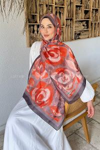Lamelif Çiçek Desen Pamuk Şal Antrasit Turuncu