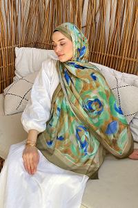 Lamelif Çiçek Desen Pamuk Şal Asker Yeşili