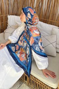 Lamelif Çiçek Desen Pamuk Şal Lacivert