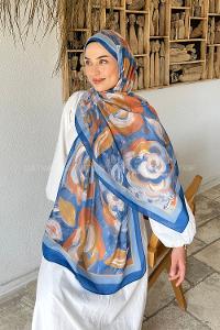 Lamelif Çiçek Desen Pamuk Şal Mavi