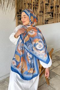 Lamelif Çiçek Desen Pamuk Şal Mavi