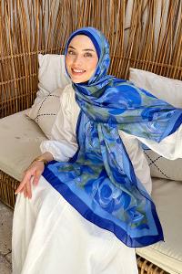 Lamelif Çiçek Desen Pamuk Şal Saks Mavisi