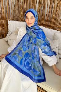 Lamelif Çiçek Desen Pamuk Şal Saks Mavisi