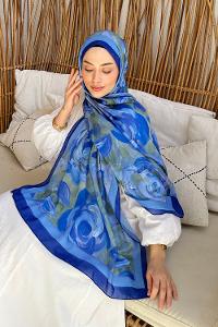 Lamelif Çiçek Desen Pamuk Şal Saks Mavisi