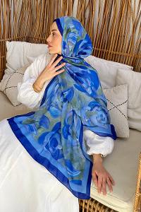 Lamelif Çiçek Desen Pamuk Şal Saks Mavisi