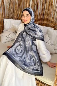 Lamelif Çiçek Desen Pamuk Şal Siyah