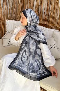 Lamelif Çiçek Desen Pamuk Şal Siyah