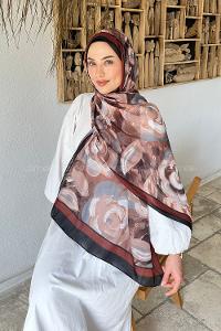 Lamelif Çiçek Desen Pamuk Şal Siyah Kahverengi