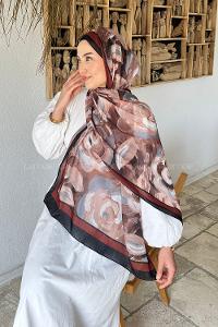 Lamelif Çiçek Desen Pamuk Şal Siyah Kahverengi
