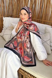 Lamelif Çiçek Desen Pamuk Şal Siyah Vizon