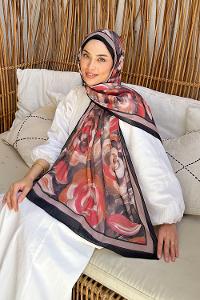 Lamelif Çiçek Desen Pamuk Şal Siyah Vizon