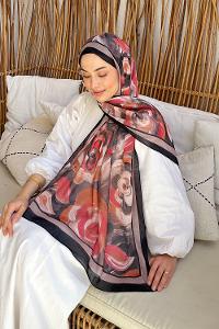 Lamelif Çiçek Desen Pamuk Şal Siyah Vizon