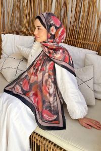 Lamelif Çiçek Desen Pamuk Şal Siyah Vizon