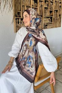 Lamelif Çiçek Desen Pamuk Şal Soft Kahve