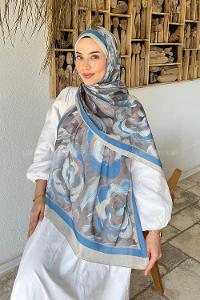 Lamelif Çiçek Desen Pamuk Şal Taş Mavi