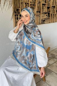 Lamelif Çiçek Desen Pamuk Şal Taş Mavi