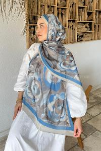 Lamelif Çiçek Desen Pamuk Şal Taş Mavi