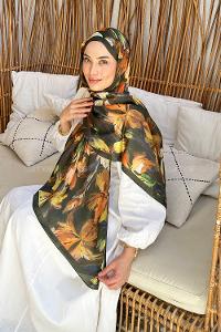Lamelif Çicek Desen Soft Şal Haki