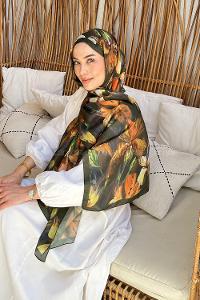 Lamelif Çicek Desen Soft Şal Haki