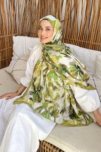 Lamelif Çicek Desen Soft Şal Yağ Yeşili