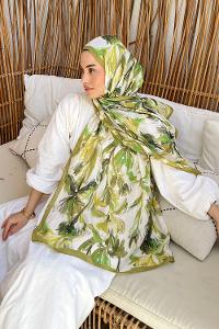 Lamelif Çicek Desen Soft Şal Yağ Yeşili