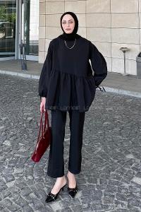 Lamelif Fırfırlı Bluz Pantolon Takım Siyah