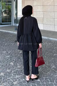 Lamelif Fırfırlı Bluz Pantolon Takım Siyah