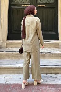 Lamelif İnci Detaylı Tunik-Pantolonlu Tesettür Takım Haki