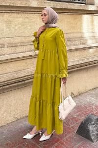 Lamelif Kol Bağlama Detaylı Tesettür Elbise Yağ yeşili