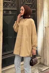 Beige Shirt Collar Long Arm Cotton Shirt