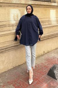 Navy Blue Shirt Collar Long Arm Cotton Shirt