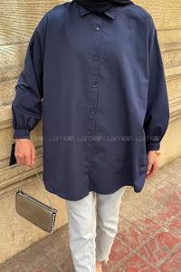 Navy Blue Shirt Collar Long Arm Cotton Shirt