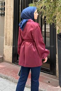 Lamelif Kuşaklı Organze Ceket Bordo