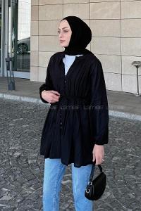 Lamelif Ön Pens Detaylı Vual Gömlek Siyah