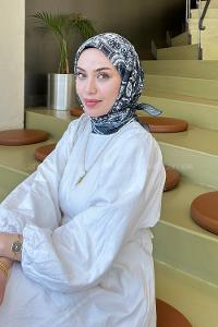 Anthracite Cotton Fabric Striped Flowering Straight Printed Scarf