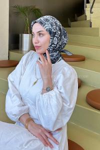 Anthracite Cotton Fabric Striped Flowering Straight Printed Scarf