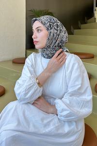 Lamelif Retro Desen Soft Eşarp Camel Ekru