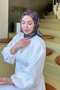 Lamelif Retro Desen Soft Eşarp Lacivert Kiremit