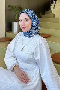 Lamelif Retro Desen Soft Eşarp Lacivert Mavi