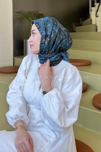 Lamelif Retro Desen Soft Eşarp Petrol Mavisi