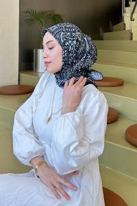 Lamelif Retro Desen Soft Eşarp Siyah