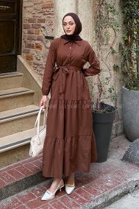 Lamelif Yarım Düğme Detaylı Terikoton Elbise Çikolata Kahve