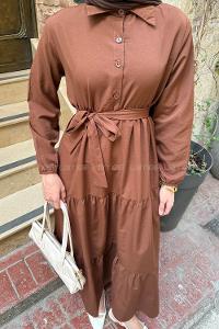 Lamelif Yarım Düğme Detaylı Terikoton Elbise Çikolata Kahve